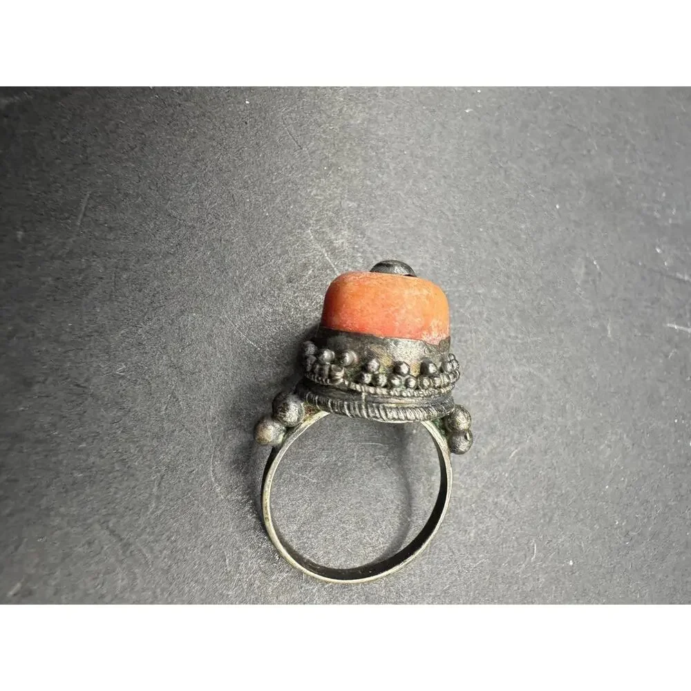 Vintage Bawsani Yemen Tribal Silver Tone Red Coral 12.5mm Statement Ring Sz 7.75